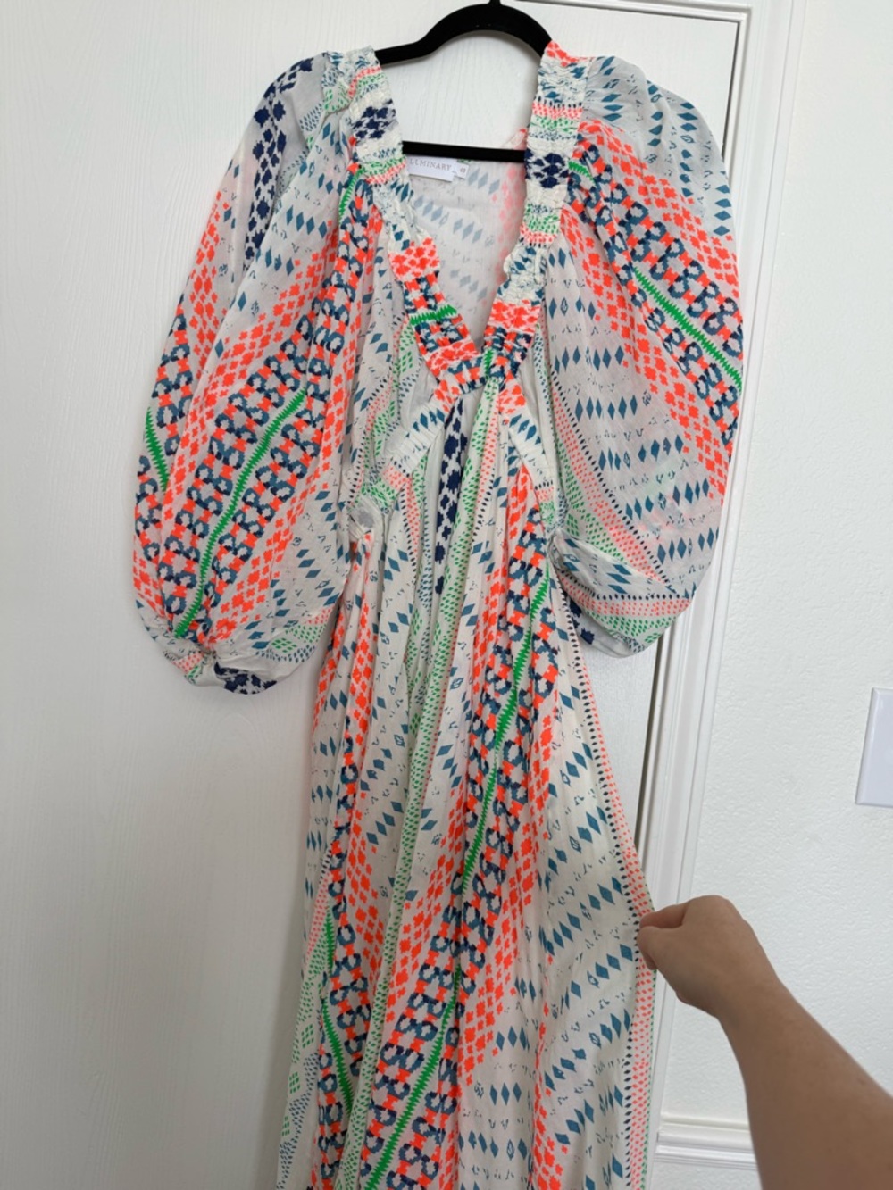 Luminary FL Boutique Boho Deep Plunge Neon Orange Print Midi Dress Small